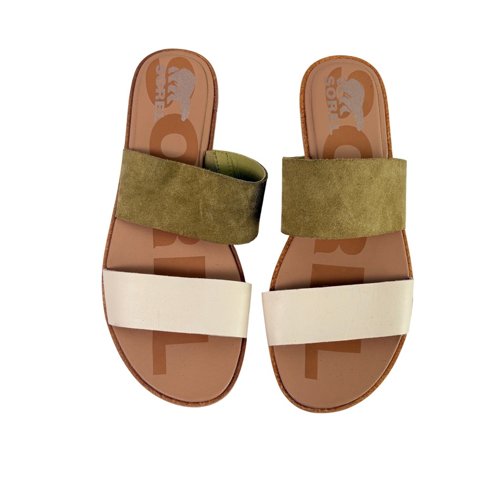 Sorel Ella II Slide Sandals Womens 9 Olive Green Cream Leather Suede NL4662-358